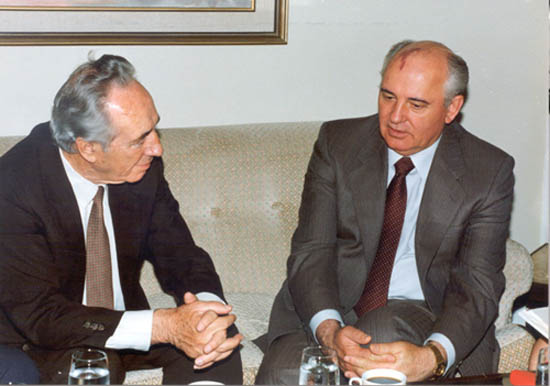 Left to right: Shimon Peres and Mikhail Gorbachev, Israel, June 13-18, 1992