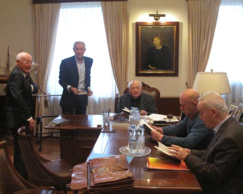 Журналист Штефан Ауст, издатель Гюнтер Берг, М.С. Горбачев, П.Р. Палажченко и К.К. Карагезьян во время интервью газете «Вельт ам зонтаг». 24 сентября 2019. Горбачев-Фонд