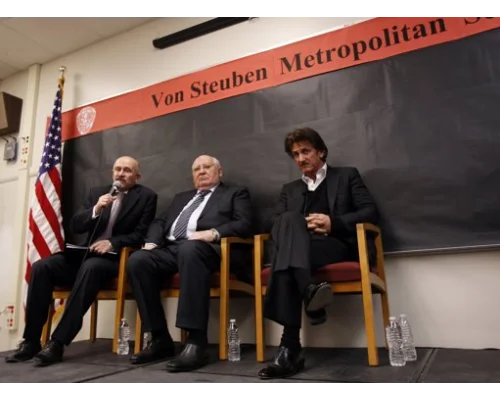	 Former Russian President Gorbachev speaks with students at Frederick Von Steuben Metropolitan Science Center as U.S. Actor Penn looks on in Chicago. Apr 23, 2012. Photo By JEFF HAYNES/REUTERS