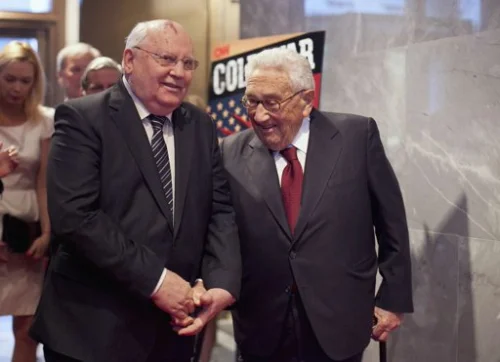 	 Former Soviet Union President Gorbachev and former U.S. Secretary of State Kissinger attend a screening of Cold War in New York.Apr 29, 2012. Photo By ALLISON JOYCE/REUTERS
