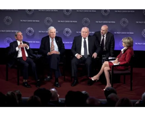 Isaacs, Turner, Gorbachev, Mitchell speak on a panel after the screening of Cold War at the Paley Center for Media in New York. Apr 29, 2012 Photo By ALLISON JOYCE, PHOTOGRAPHER/REUTERS