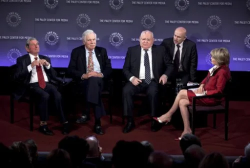 Isaacs, Turner, Gorbachev, Mitchell speak on a panel after the screening of Cold War at the Paley Center for Media in New York. Apr 29, 2012 Photo By ALLISON JOYCE, PHOTOGRAPHER/REUTERS