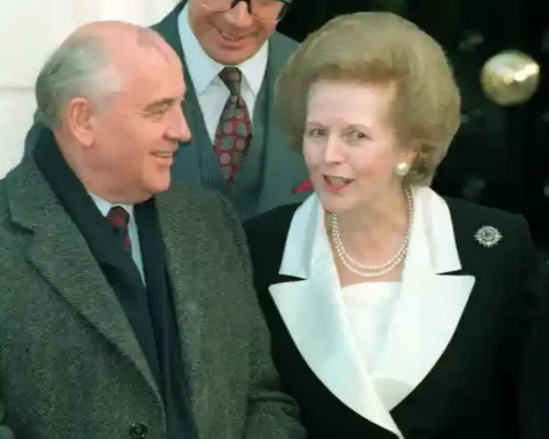 	 Baroness Thatcher with former Soviet president Mikhail Gorbachev, outside her London home in 1993. Photograph: Neil Munns/PA