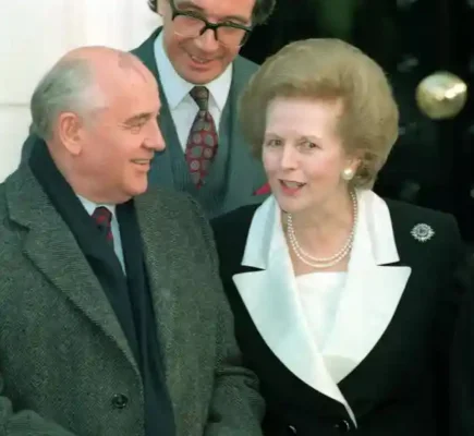 	 Baroness Thatcher with former Soviet president Mikhail Gorbachev, outside her London home in 1993. Photograph: Neil Munns/PA