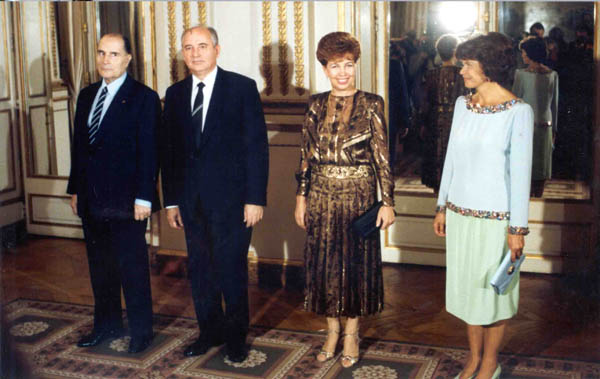Francois Mitterand, Mikhail Gorbachev, Raisa Gorbachev, Danielle Mitterand. Paris, October 2, 1985.